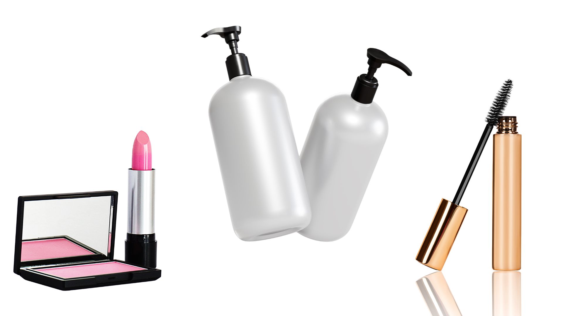 Bouteilles en verre avec bouchons doseurs et un rouge à lèvres ou mascara à côté, image orientée produits cosmétique et contenant en verre. (bouteille en verre microplastique)