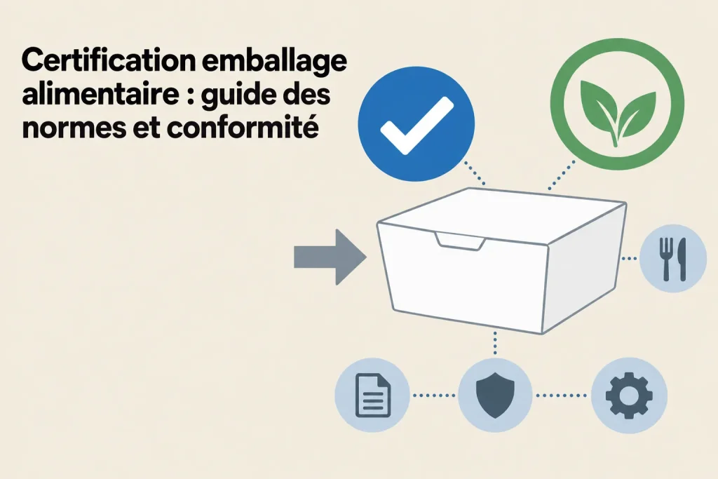 Certification emballage alimentaire : guide des normes et conformité, avec icônes de conformité, sécurité et documents.