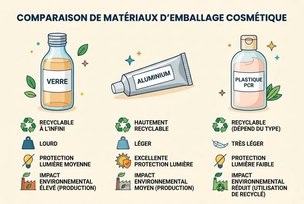 Comparaison des matériaux d'emballage: bouteille en verre + aluminium + plastique PCR, avec icônes d’écoresponsabilité et protection lumineuse.