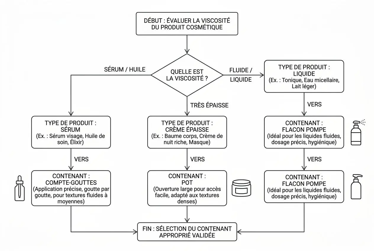 Processus d’évaluation de la viscosité cosmétique montrant choix de contenant: diffusion, pot et flacon pompe, vers sélection du contenant approprié validé.